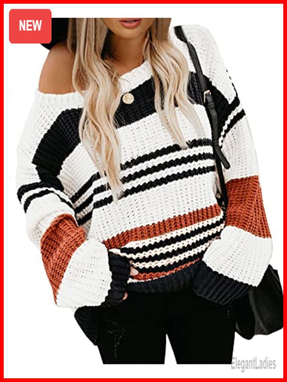Women's Striped Knit Pullover Sweater Long Sleeve Crew Neck Loose Fit Casual